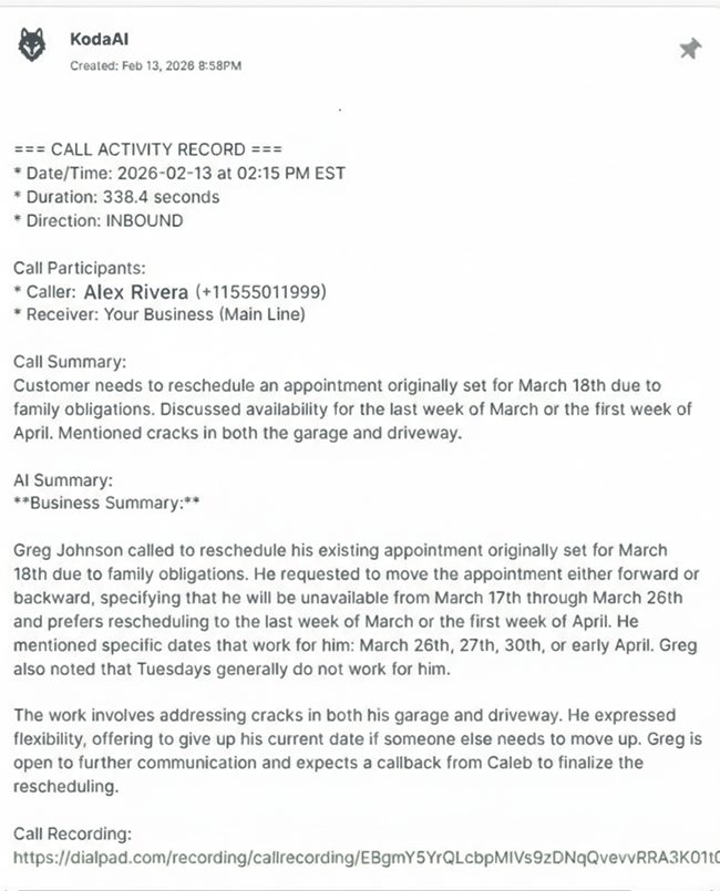 AI call note with recording link